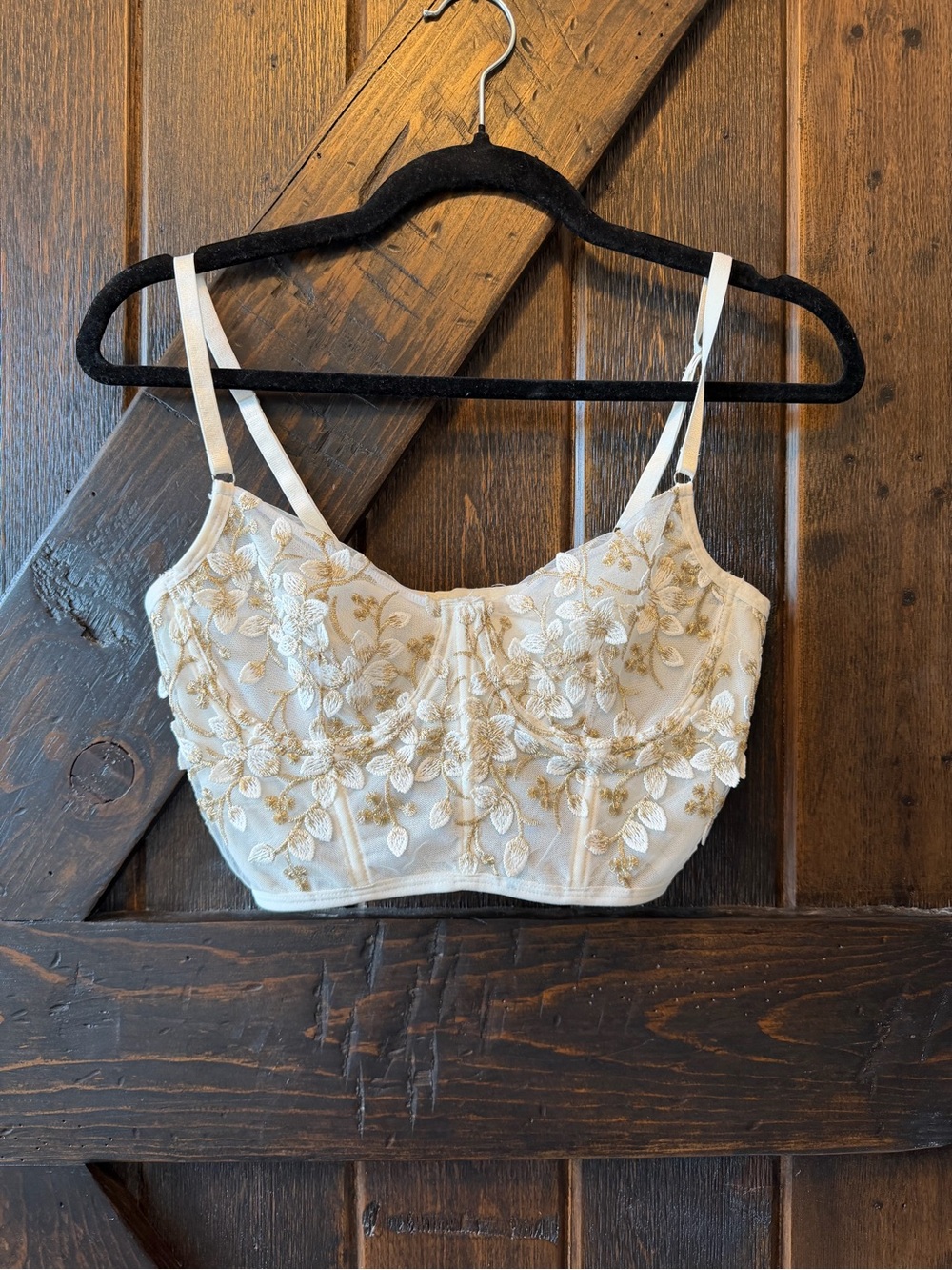 White/Gold Sheer Floral Embroidered Mesh Longline Underwired Bra Approx 34B/Med